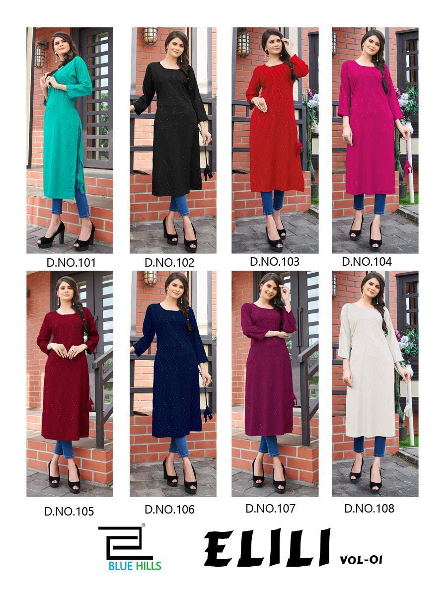 Blue Hills Elili Rayon Designer Casual Wear Printed Long Kurtis Collection
